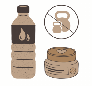 graphic of a water bottle, face cream and weights