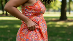 Woman pinching the side of her hip. Laser fat removal at Dr Saba Raja