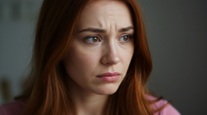 A lady looking concerned over wrinkles. Profhilo, a revolutionary skin booster.