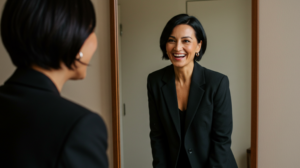 A young woman looking in the mirror after getting long lasting fillers from The Home of Aesthetics