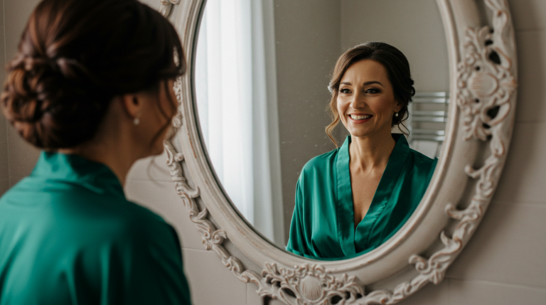 A lady looking in the mirror after having expert filler treatment from Dr Saba.