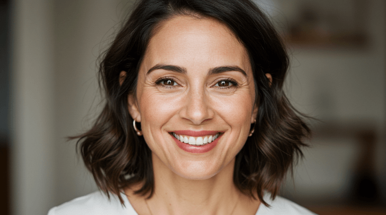 Woman smiling with dermal fillers from Dr Saba Raja