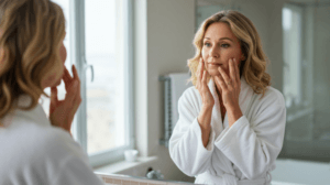 woman admiring her skin after microneedling treatment with Dr Saba Raja