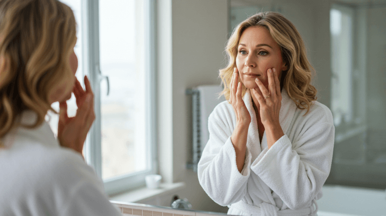 woman admiring her skin after microneedling treatment with Dr Saba Raja