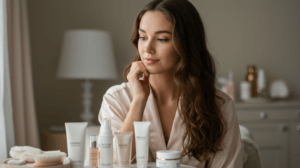 woman sat in front of skin care products considering microneedling