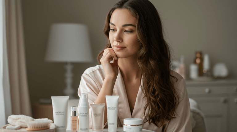 woman sat in front of skin care products considering microneedling