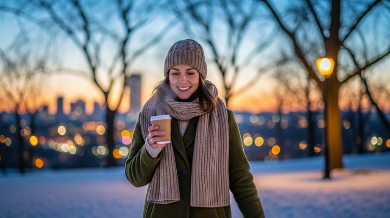 Woman walking around in the winter months after microneedling treatment