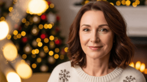 woman sat in front of christmas tree with refreshed skin